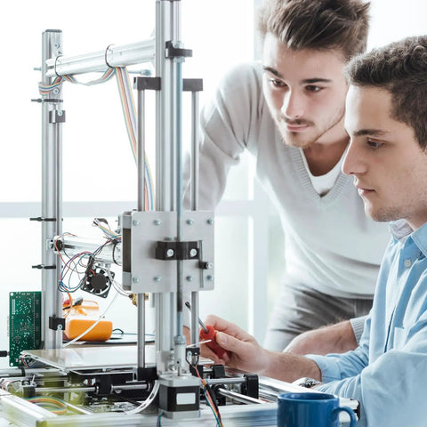Two men working on a 3D printer, adjusting settings, focusing on DIY projects and repairs.
