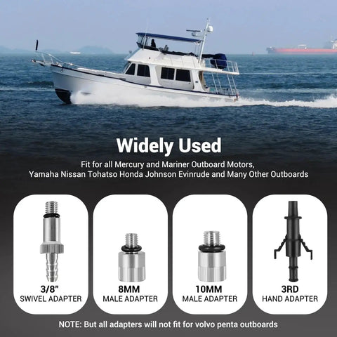 Lower Unit Gear Oil Pump For Quart Bottles 10cc Stroke 8mm And 10mm Adapters with boat and adapter types shown