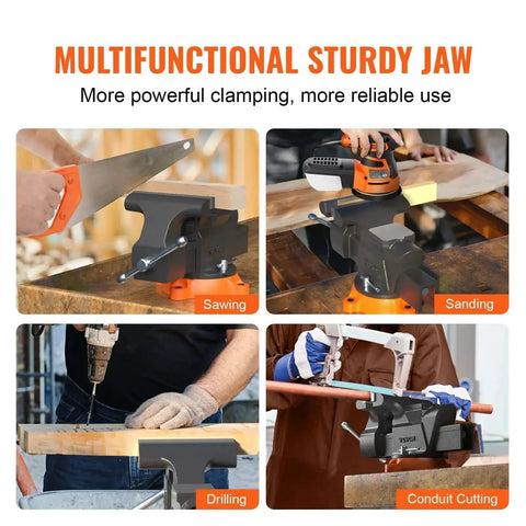 Versatile 6 Inch Bench Vise With 360 Degree Swivel And Anvil VEVOR Heavy Duty Ductile Iron Workbench Vise in use for sawing, sanding, drilling, and conduit cutting.
