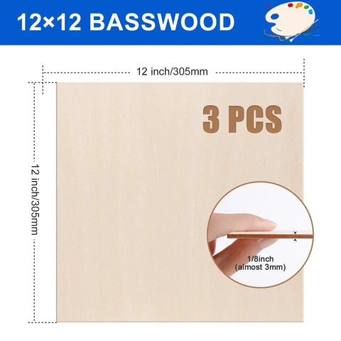 Three Pack Basswood Sheets Twelve By Twelve Inch One Eighth Thick Three Millimeter Unfinished Wood For Laser Cutting And Engraving
