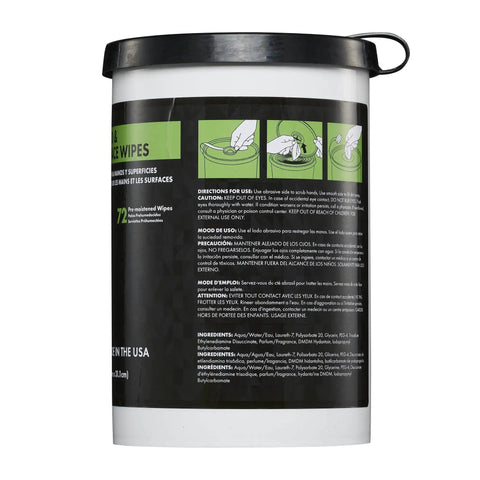 Back view of canister showing instructions for Mechanic Hand And Surface Wipes With Degreaser For Grime Removal Six Canisters.