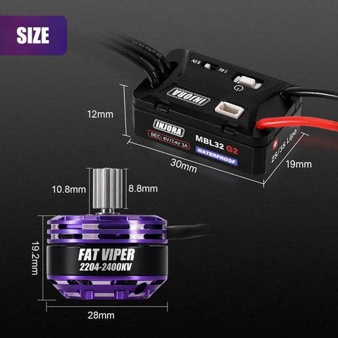 MBL32 G2 Waterproof Brushless ESC and 2204 Fat Viper Outrunner Motor with dimensions for 1/24 Axial SCX24 upgrade.