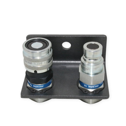 1/2" hydraulic quick-connect coupler set, flat-face, steel, mounted on bracket (two fittings)