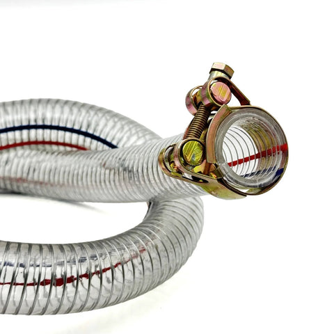 Hxszk 39in universal log splitter suction hose end with heavy-duty clamp on wire-reinforced PVC hose, close-up