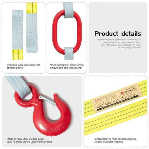 Kivomot 2-leg lifting sling with G80 master link and hooks; yellow polyester webbing, 5 ft x 3 in, 6,600 lb WLL