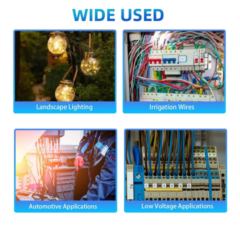 Waterproof outdoor wire connectors kit (40pcs), four-panel collage for landscape lighting, 22-14 AWG
Waterproof outdoor wire connectors kit (40pcs), four-panel collage for irrigation wires, 22-14 AWG
Waterproof outdoor wire connectors kit (40pcs), four-panel collage for automotive applications, 22-14 AWG
Waterproof outdoor wire connectors kit (40pcs), four-panel collage for low voltage applications, 22-14 AWG