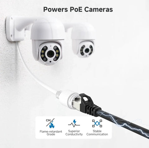 10 Gbps Snagless Shielded Cat6A Ethernet Cable 50ft Black connecting PoE cameras, showcasing flame-retardant grade and conductivity.
