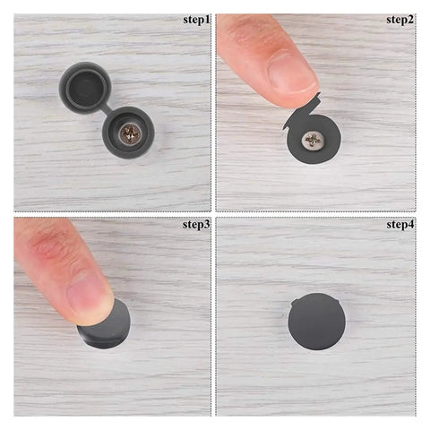 Steps for using 200 Pcs Plastic Hinged Screw Head Covers Snap On Caps Light Grey 13.6x29mm on a screw head surface.
