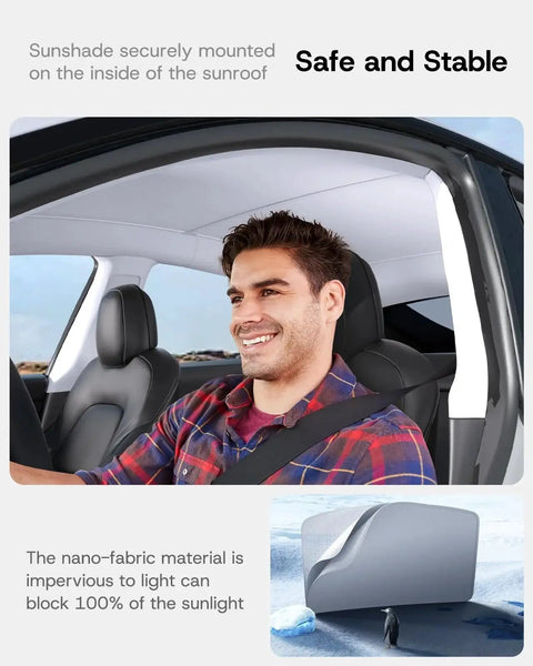 Magnetic Sun Shade Roof For Tesla Model Y 2020 To 2024 With Ice Crystal Coating installed inside vehicle