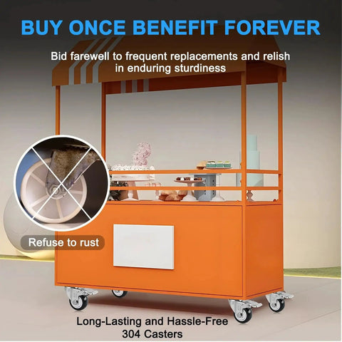 Front view of Moogiitools 2-inch 304 stainless steel caster wheels with brake on an orange mobile cart