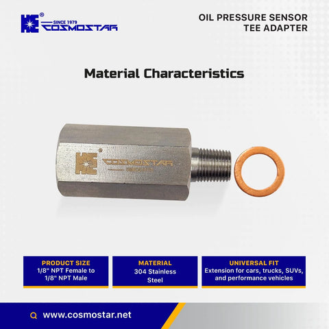 Cosmostar stainless steel 1/8 in NPT tee oil pressure sensor adapter with copper sealing washer