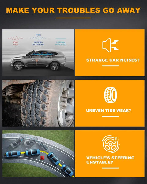 Infographic highlighting car issues: strange noises, uneven tire wear, unstable steering, promoting Beefed Up Front Suspension Kit 6Pc Set.