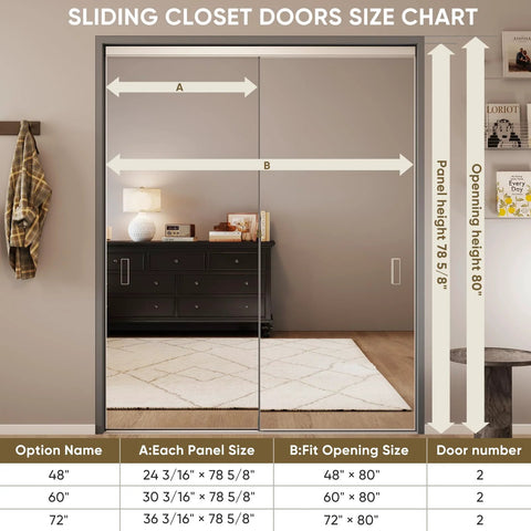 One Sided Full Length Mirror Closet Door 72x80 Inches Sliding Bypass With Steel Frame And Hardware Kit size chart