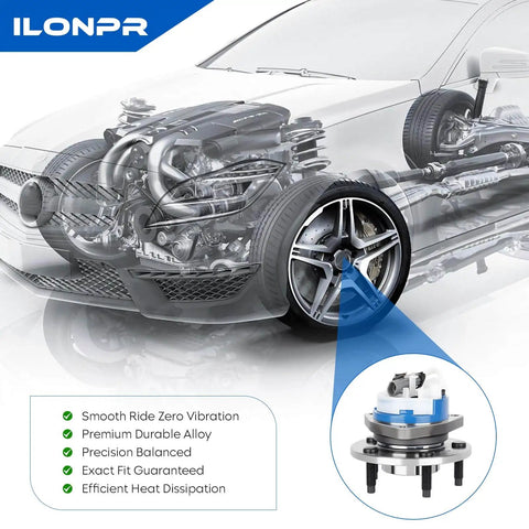 Illustration of Front Wheel Hub and Bearing Assembly 5-Lug with ABS installation on a transparent car showing internal components.