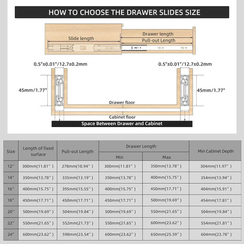 Diagram showing how to choose drawer slide size, highlighting dimensions for 14 inch Drawer Slides 4 Pairs (8pcs) Full Extension Ball Bearing Drawer Slide.