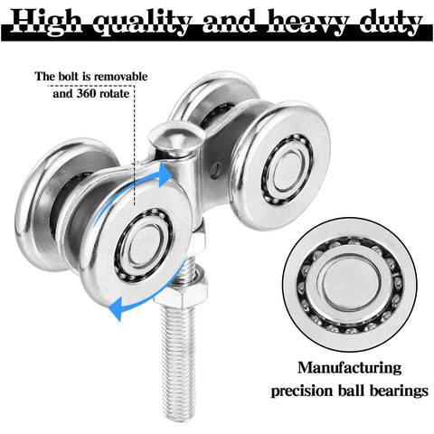 Close-up of 8 Pack Wheel Trolley Barn Door Rollers for one and three quarter inch wide tracks and two and quarter inch or taller rails, solid steel construction, featuring precision ball bearings and zinc plating.