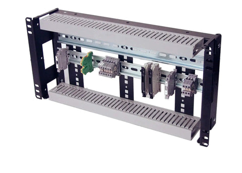 5U Rackmount DIN Rail Panel With 3.78 Inch Low Profile Depth, 14 Gauge Steel, PVC Wire Duct, Adjustable Height, Relay Racks