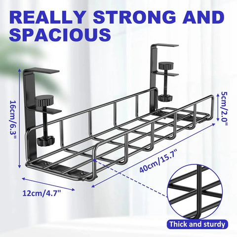 Under Desk Cable Management Tray No Drill Setup Clamp Mount Steel Wire Organizer, 15.7 inch black metal cord rack dimensions