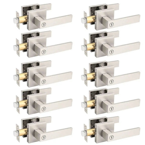 Front view of 10 Pack Brushed Nickel Privacy Door Levers For Bath And Bedroom, Keyless Interior Door Handles, Square Reversible Design