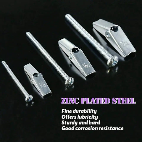 Image of zinc-plated steel toggle bolts in 1/8, 3/16, and 1/4 sizes for drywall shown with wing nuts. Assorted Toggle Bolts And Wing Nuts Kit For Drywall Hanging Heavy Items, 24 Pieces, Includes One Eighth Inch, Three Sixteenth Inch, And One Quarter Inch Sizes For Strong, Reliable Wall Mounts And Easy, Versatile Fastening. Text reads fine durability, offers lubricity, sturdy and hard, good corrosion resistance.