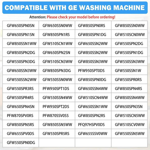 Washer drain pump and filter assembly compatibility chart for GE front-load washers, listing models WH11X29539 and WH11X39237.