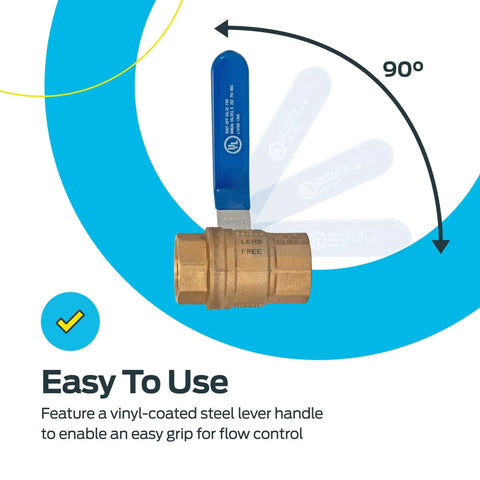 Heavy Duty 3/4 Inch IPS Full Port Brass Ball Valve For Plumbing Inline Shut Off Fitting With Maximum Flow And Minimal Pressure Drop Beefy Corrosion Resistant Brass Easy Installation Suitable For Home And Commercial Water Lines 20047LF Eastman, brass valve with blue lever handle at 90-degree angle.