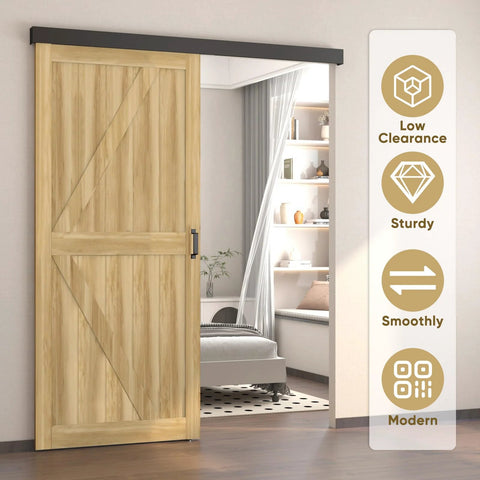 Installed Six Foot Sliding Barn Door Hardware Track Kit With Handles In Black on wooden door, low profile aluminum box rail.