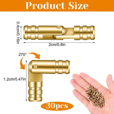 Brass Barrel Hidden Hinges 30 Pack For Wooden Boxes And Cabinets, 270 Degree Folding Small Hinge, dimensions shown with hand holding hinges