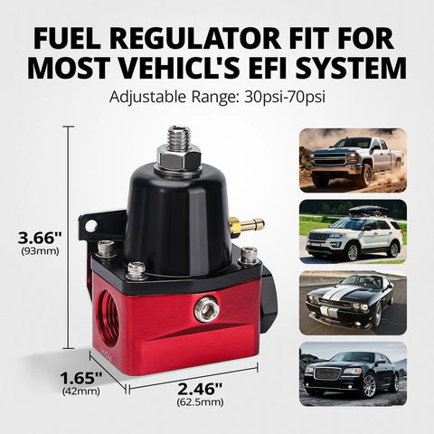 EVIL ENERGY fuel pressure regulator, red aluminum body with black top; 6AN EFI bypass, adjustable 30–70 psi.