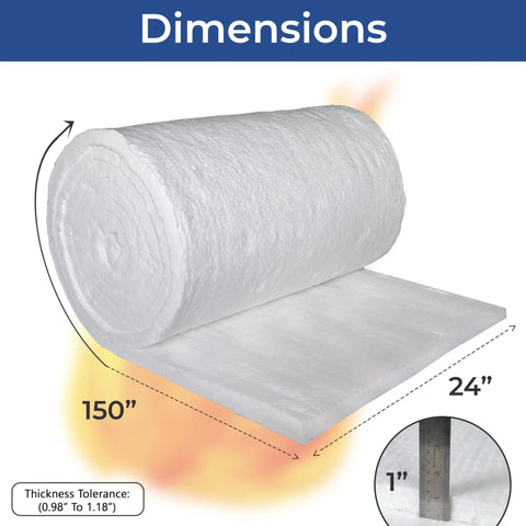 Ceramic fiber insulation blanket roll, 1 in x 24 in x 150 in, white, 8# density, 2400F for furnaces and kilns
