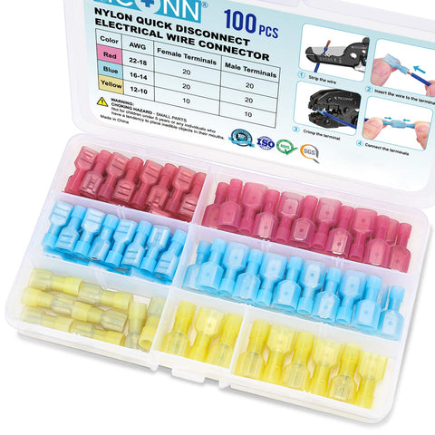 100 pcs nylon spade quick-disconnect connectors kit; insulated male/female terminals in red, blue, yellow compartments.