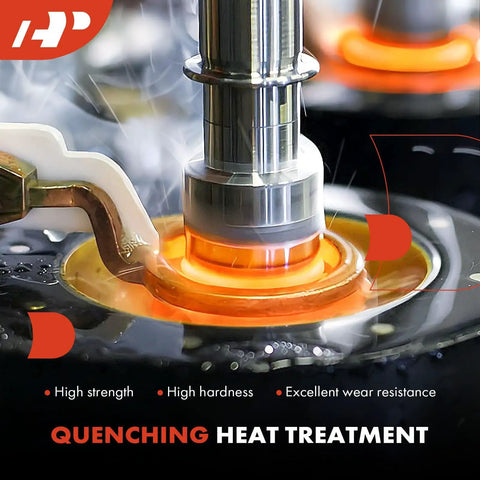 Close-up of quenching heat treatment process on metal part showcasing high strength and wear resistance attributes