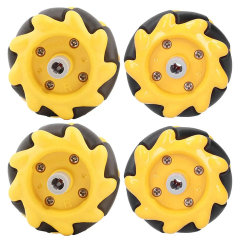 48mm Mecanum Wheels for omnidirectional robot cars, DIY robotics projects, two pairs with yellow rubber coating for superior traction.