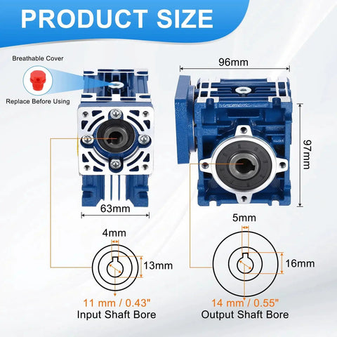 High Torque NMRV030 Worm Gearbox with 80:1 Reduction, 14 mm Output Shaft for Nema24 and Nema23 Motors, Blue Housing