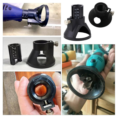 Dual Pack Rotary Tool Guide Router Attachment Locator With Depth Gauge, black plastic, shown in various woodworking applications.