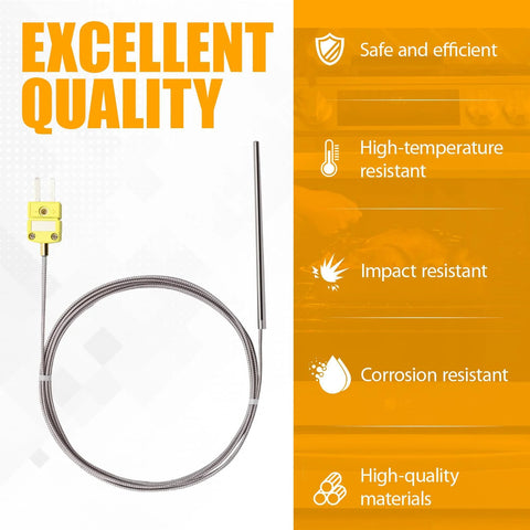 K-type thermocouple probe with stainless steel braided cable, straight sensing tip and yellow connector plug for furnace high-temp use