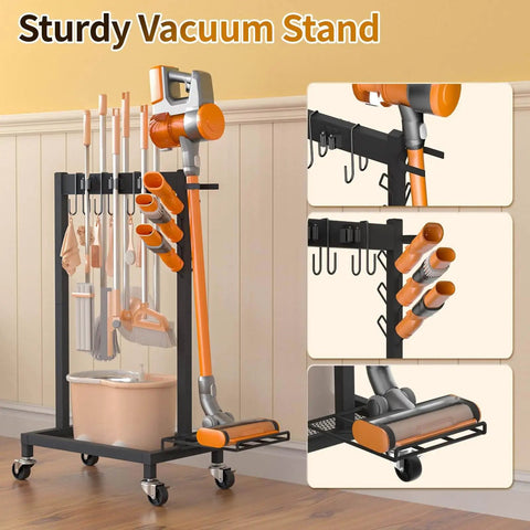 Beefed Up Cleaning Supplies Organizer And Broom Mop Holder Cart With Wheels For Laundry Garage And Closet Storage 160 Pounds Load Six Mop Hangers Three Double Hooks Vacuum Stand Space Saving