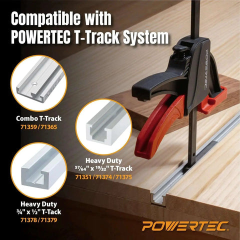 Two Pack Eight And Three Quarters Inch Quick Release Track Saw Track Clamp Set For Guide Rail Systems Grips Tight And No Slip Versatile Woodworking Clamps For T Tracks And Rail Channels Great For Precise Cuts And Fast Securement In Projects POWERTEC shown clamping wood in T-track system.