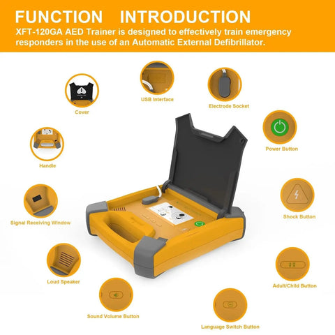 Image of AED Trainer Kit With Realistic AED Simulator For CPR Practice, showing XFT 120GA orange version with various labeled components.