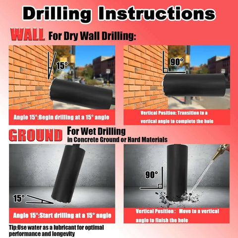 Drilling instructions for Heavy Duty Diamond Core Drill Bit For Concrete And Masonry with wall and ground angles.