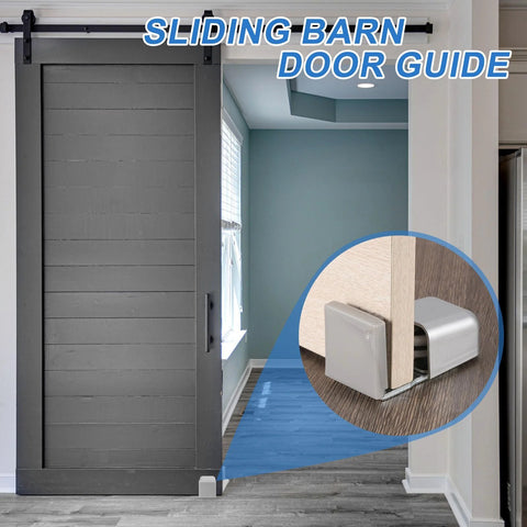 4 Pack Sliding Barn Door Floor Guide Set With Adjustable Stay Rollers And Felt Pads installed on a gray door, silver finish.