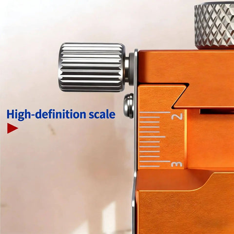 Close-up of Double Hole Punch Locator Drill Positioning Jig with high-definition scale on orange aluminum jig for woodworking.