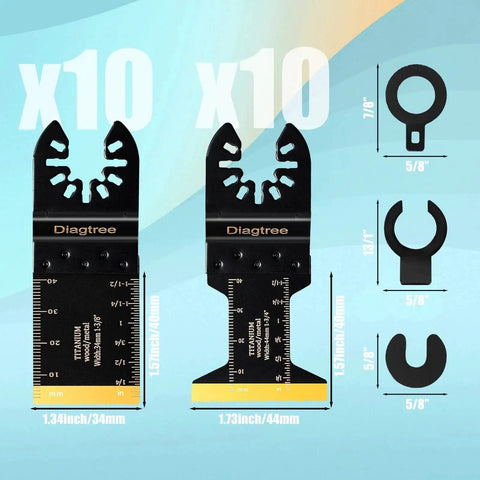 Titanium Oscillating Multitool Blades Diagtree 20 Piece Set For Metal Wood And Plastic with two blade sizes and adapters shown