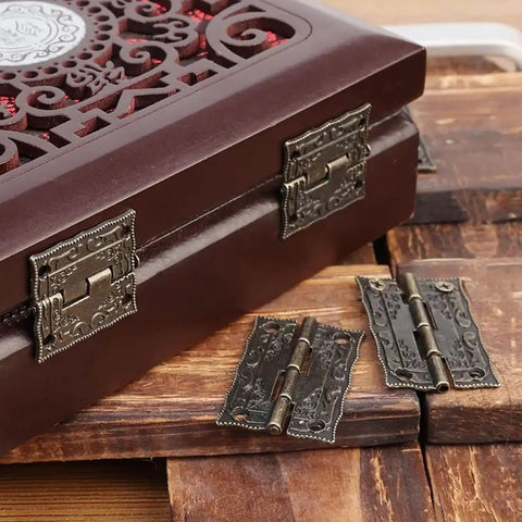 Bronze Antique Miniature Hinge Set For Craft Projects Six Pack Tiny Hinges For Decorating Retro Style Wooden Boxes, installed view