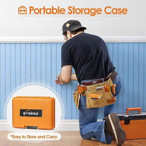 Man using 14Pcs Screw Extractor And Left Hand Drill Bits Set For Removing Stripped Screws And Broken Bolts, with portable storage case.