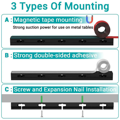 3 types of mounting for Magnetic Cable Management Raceway Kit Easy Install For Under Desk with upgraded aesthetic large hole