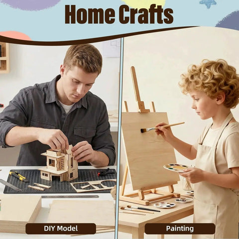 Two scenes of home crafts: adult assembling a DIY model and child painting on an easel, showcasing creativity.