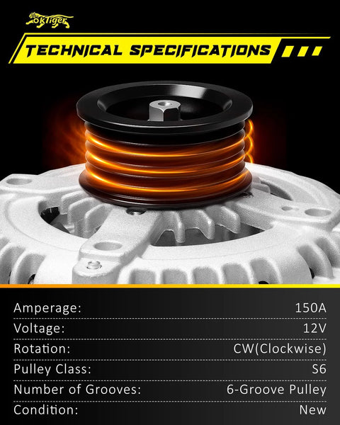 Beefed Up 150A 12V Clockwise Alternator Replacement Fits Sorento 2011 And 2015-2018, Sedona 2011-2012 And 2014-2018, Santa Fe 2013-2018 V6 3.3L 3.5L With 6-Groove Pulley OE 37300-3C520 with specifications