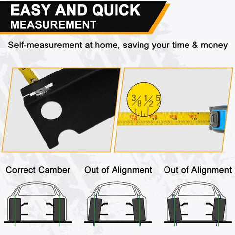Wheel Alignment Tool With Imperial Tape Measure No Caliper Removal Upgrade Automotive Alignment Kit That Lets You Align Without Removing Calipers Heavy Duty Stainless Steel Toe Plates For Most Cars Trucks And SUVs shown with diagram and tape measure.