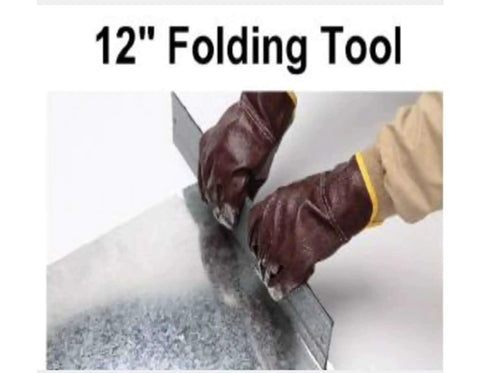 Hands using 12 Inch Duct Folding Channel Tool For Precise Three Eighths Inch And One Inch Uniform Bends In Sheet Metal